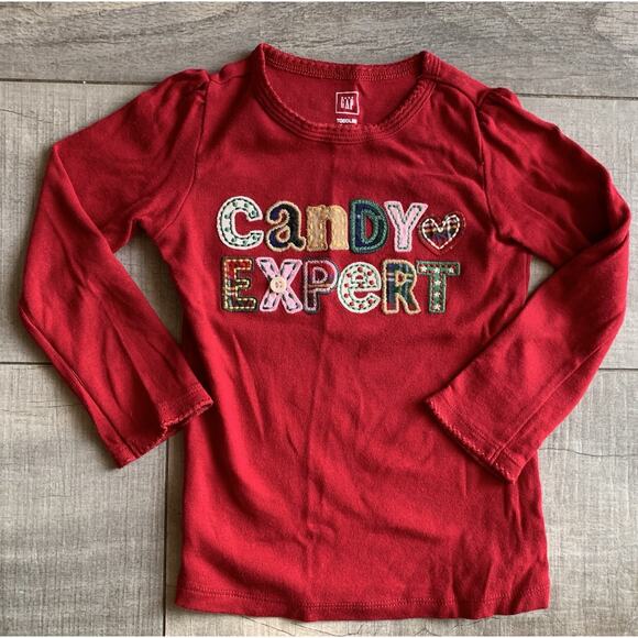 Gap Kids Candy Expert Red Long Sleeve Shirt Toddler Size 3 Embroidered Holiday - Picture 1 of 3